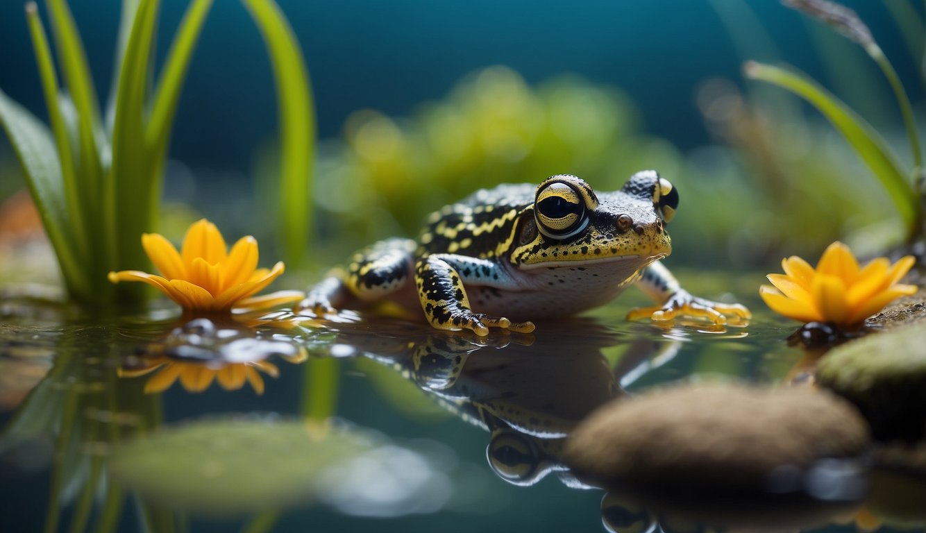 A dwarf frog dives into a crystal-clear pond, surrounded by vibrant aquatic plants and colorful fish.

The frog's webbed feet propel it through the water, while its bulging eyes survey the underwater world