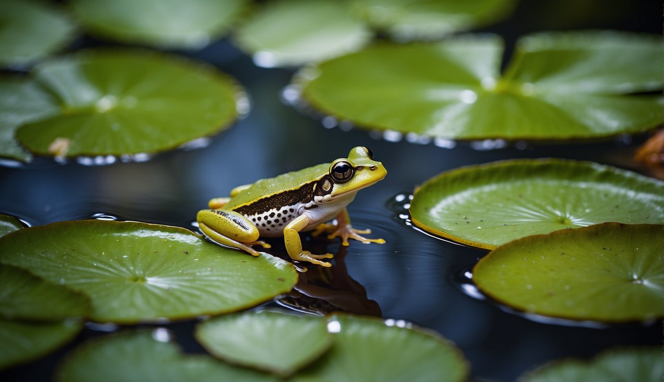 The dwarf frog leaps off a lily pad into a shimmering pond, surrounded by colorful aquatic plants and small fish