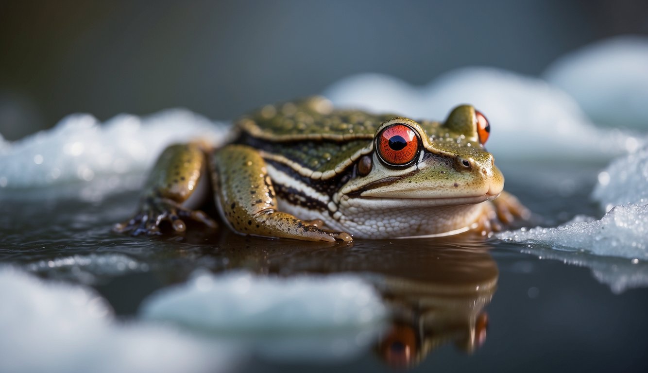 A wood frog sits atop a frozen pond, surrounded by ice and snow.

Its vibrant red eyes and brownish-green skin stand out against the wintry backdrop