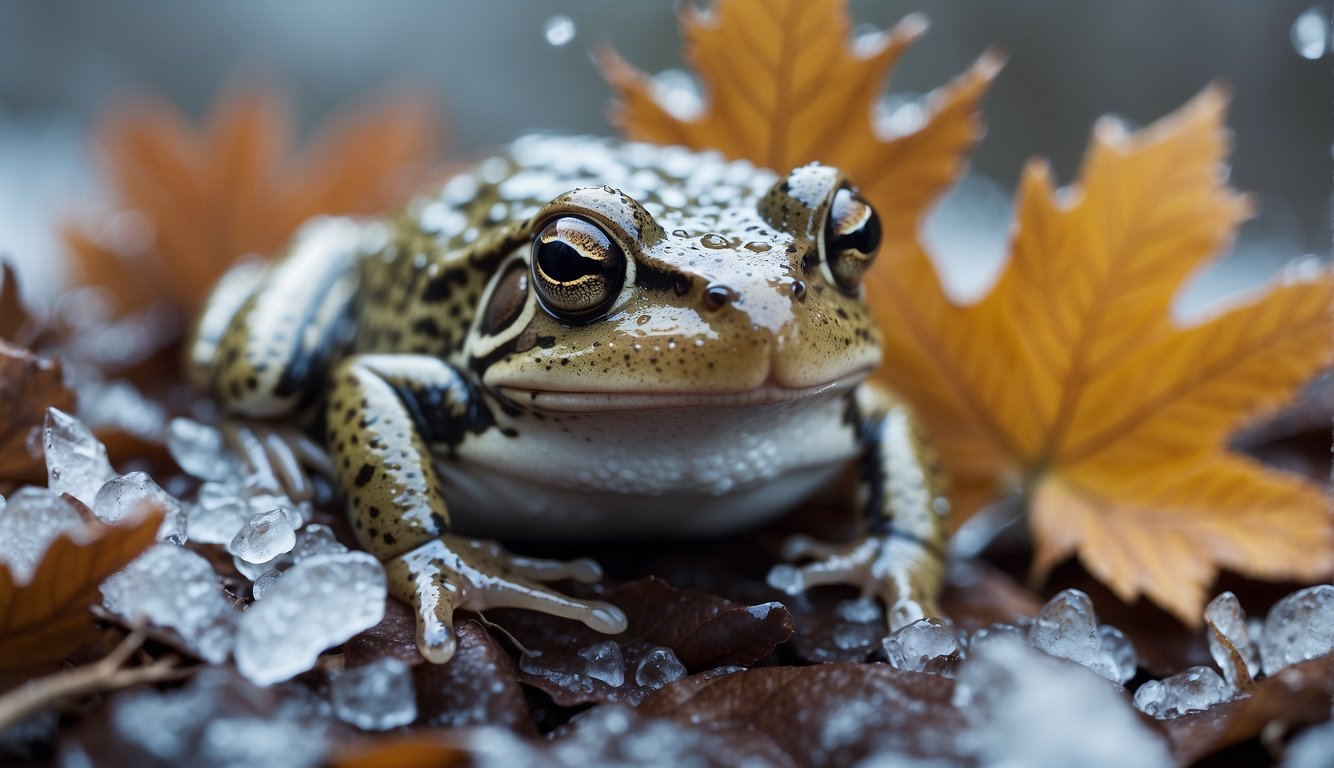 A wood frog sits on a bed of fallen leaves in a frozen forest, its body partially encased in ice.

The frog's eyes are closed, and its skin is a pale, icy blue