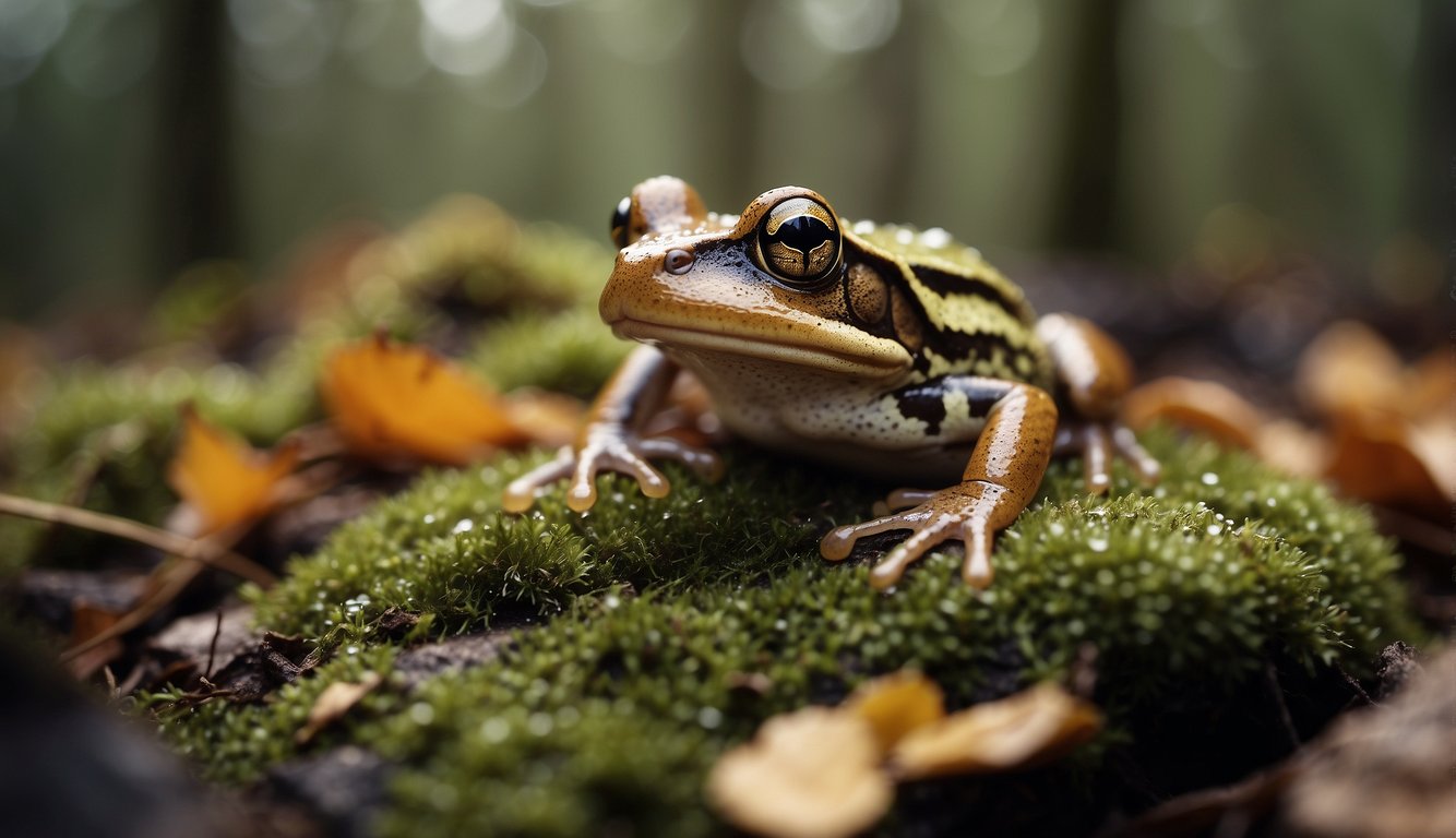 A wood frog sits on a bed of moss in a northern forest, surrounded by fallen leaves and small patches of snow