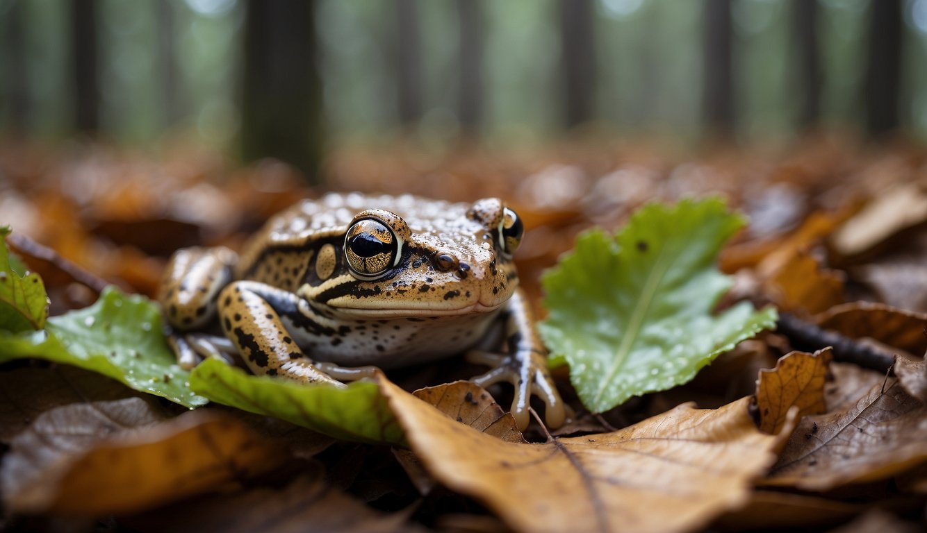 A wood frog sits on a bed of fallen leaves in a frozen northern forest.

Its skin is a mottled brown and green, blending in with the surroundings. The frog's eyes are wide and alert, scanning for potential threats