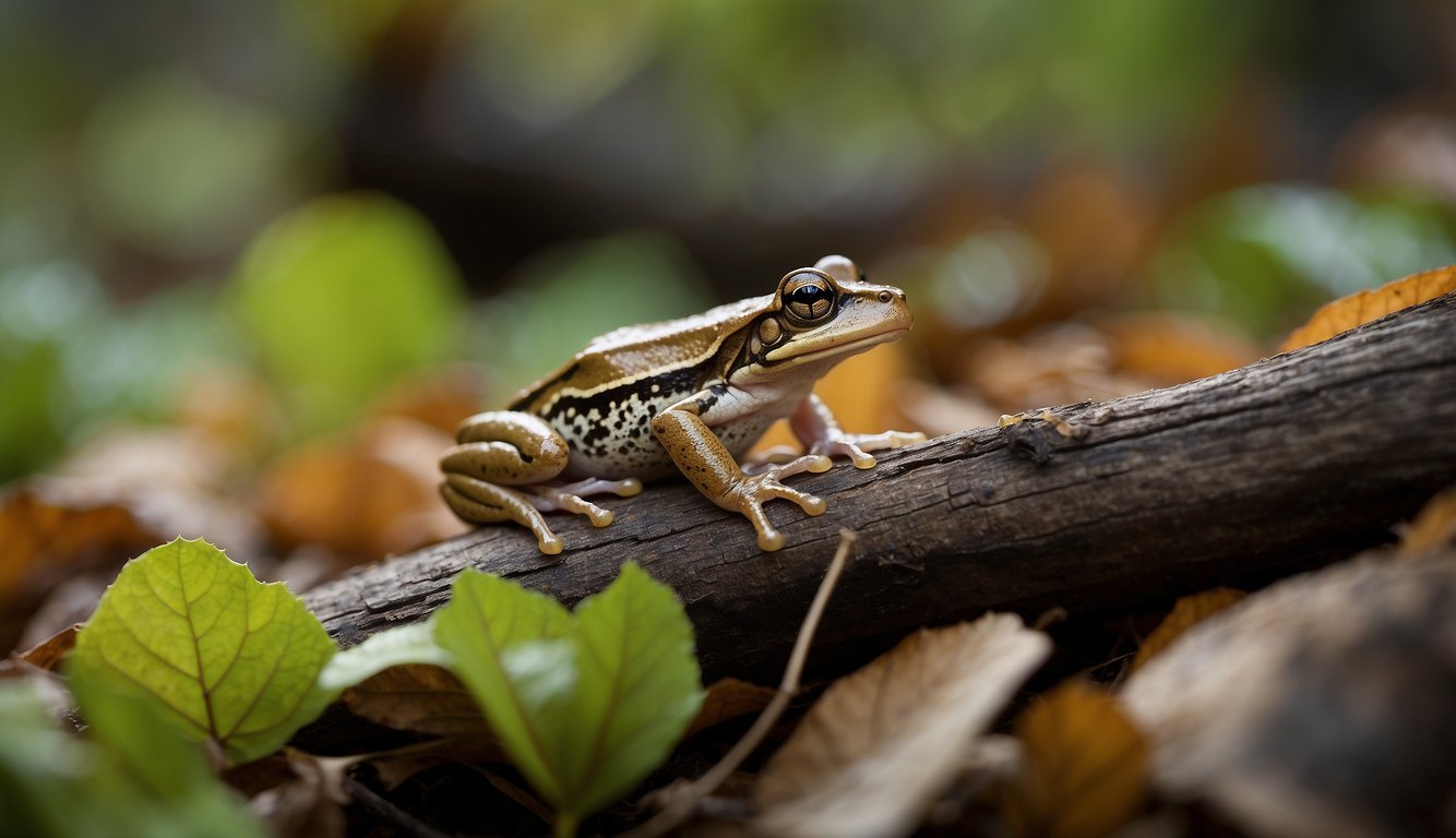The wood frog sits atop a bed of fallen leaves, its skin a mottled blend of brown and green.

Its eyes are wide and alert, gazing out from its small, sleek body
