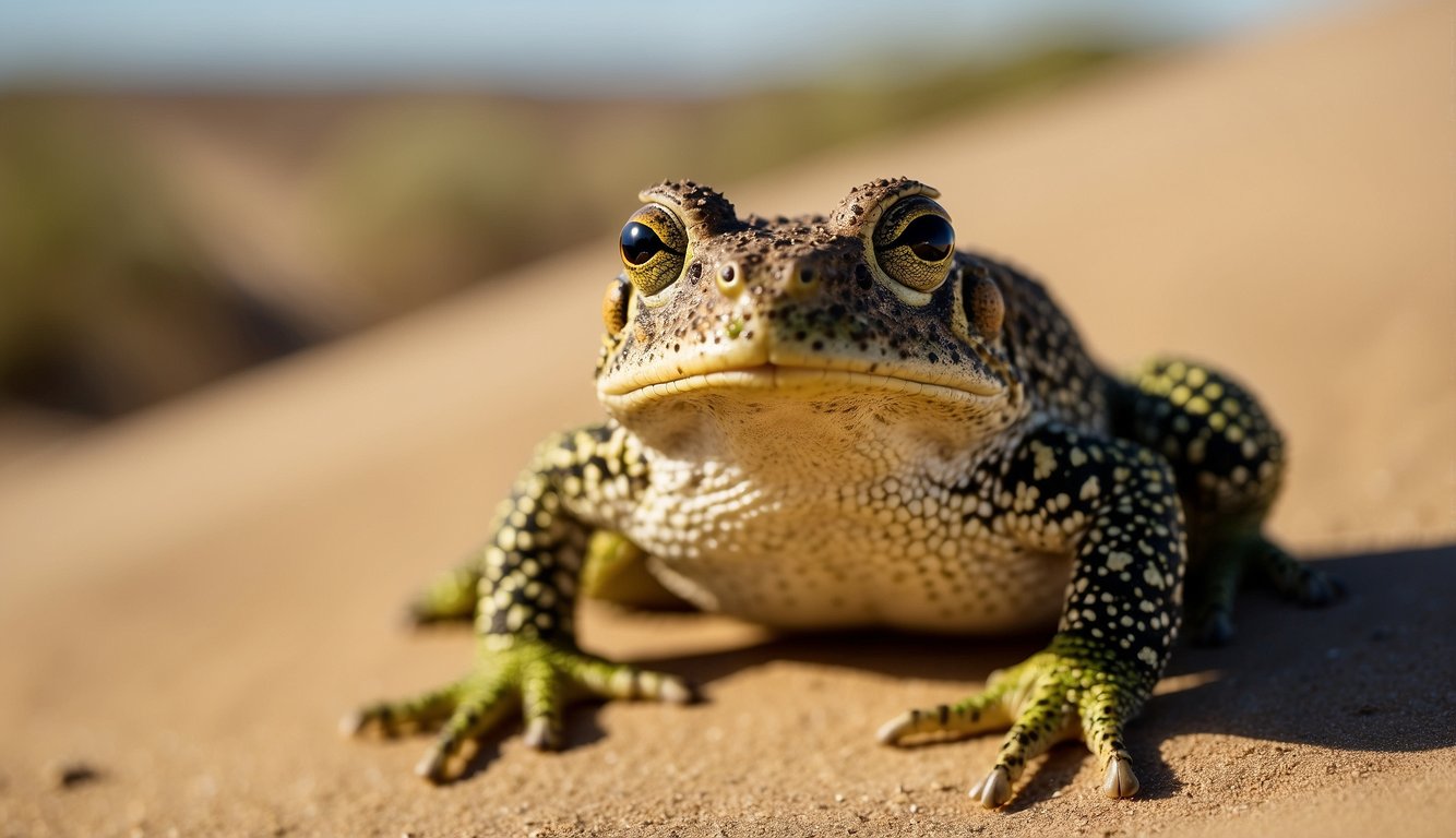 A heroic natterjack toad stands tall on the sandy dunes, surveying its surroundings with a determined and protective gaze.

The toad's vibrant green and yellow skin contrasts against the golden hues of the desert landscape
