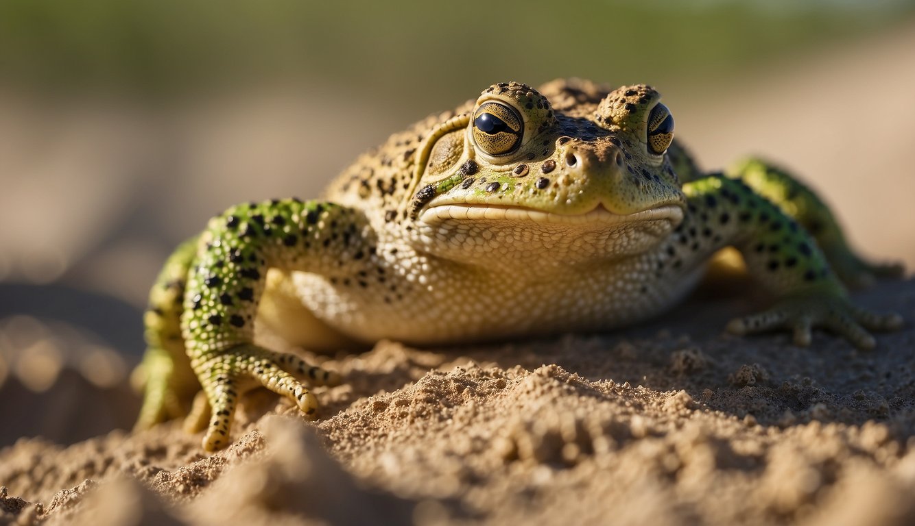 The heroic natterjack toad hops through the sandy dunes, guarding its habitat.

It stands proudly, with its vibrant green and yellow skin glistening in the sunlight, showcasing its determination to protect its environment