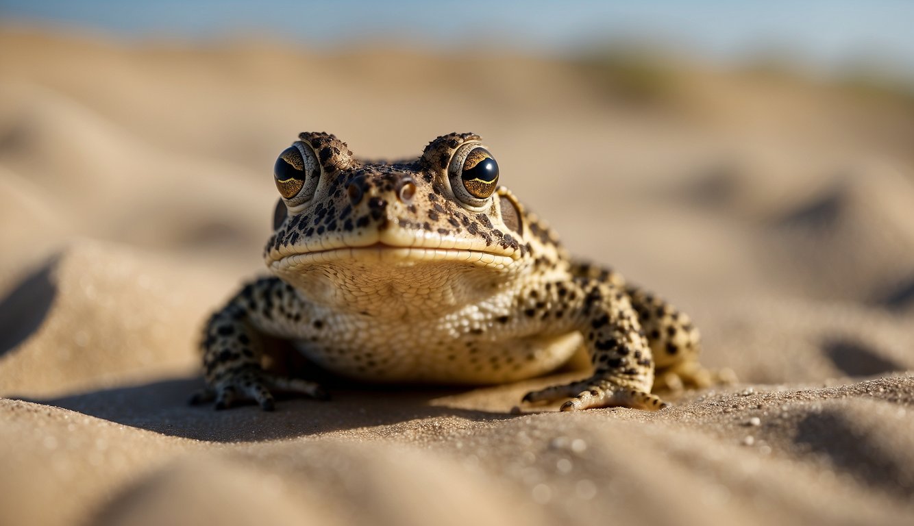A heroic natterjack toad patrols the sandy dunes, surveying its surroundings with alert eyes and a puffed-up chest, ready to defend its territory