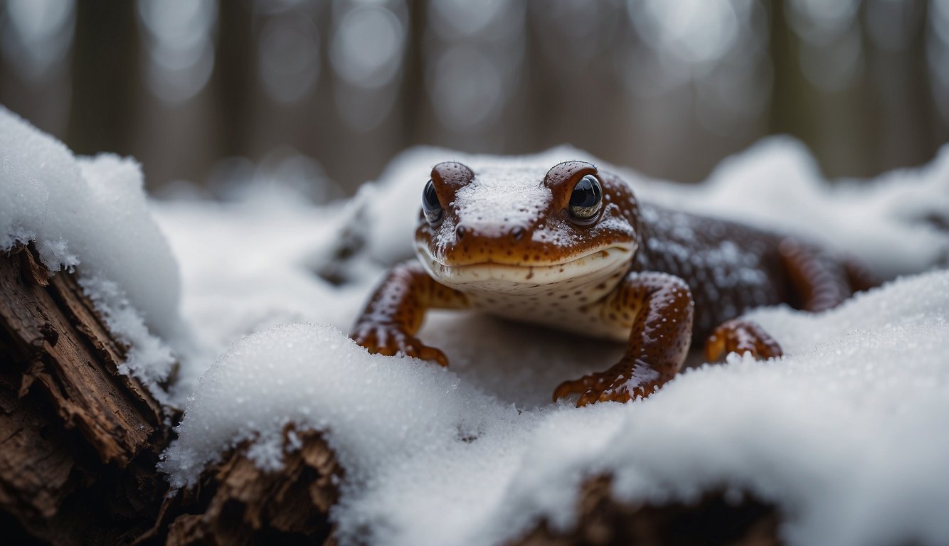 A woodland salamander burrows under a blanket of snow, seeking warmth and protection from the harsh winter cold