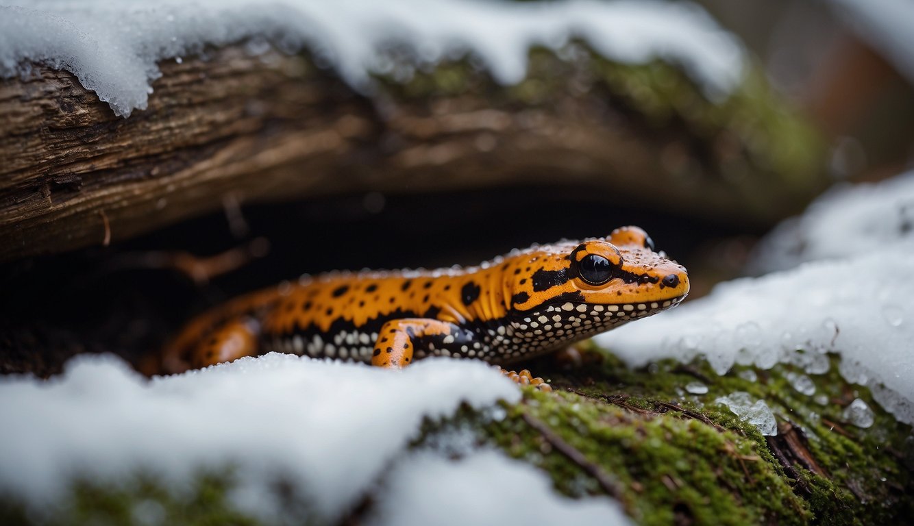 A woodland salamander burrows under a snowy log, using its slimy skin to retain moisture and survive the cold winter