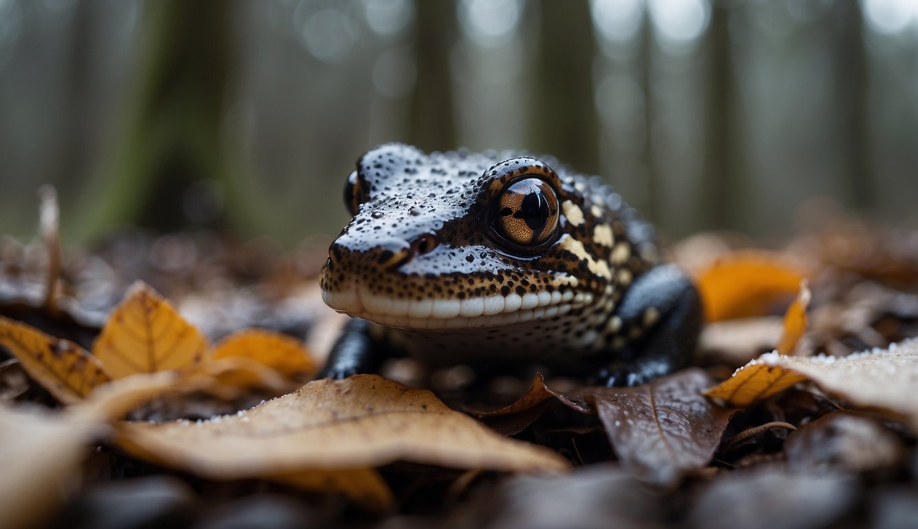 In a snowy woodland, a salamander burrows beneath fallen leaves, seeking warmth and shelter.

Nearby, a small stream trickles through the frost-covered landscape