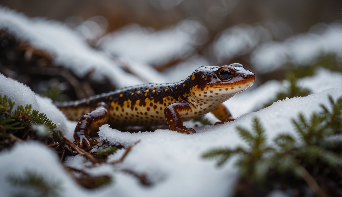 Woodland salamander hunts for insects under the snow, avoiding predators and conserving energy in the winter forest