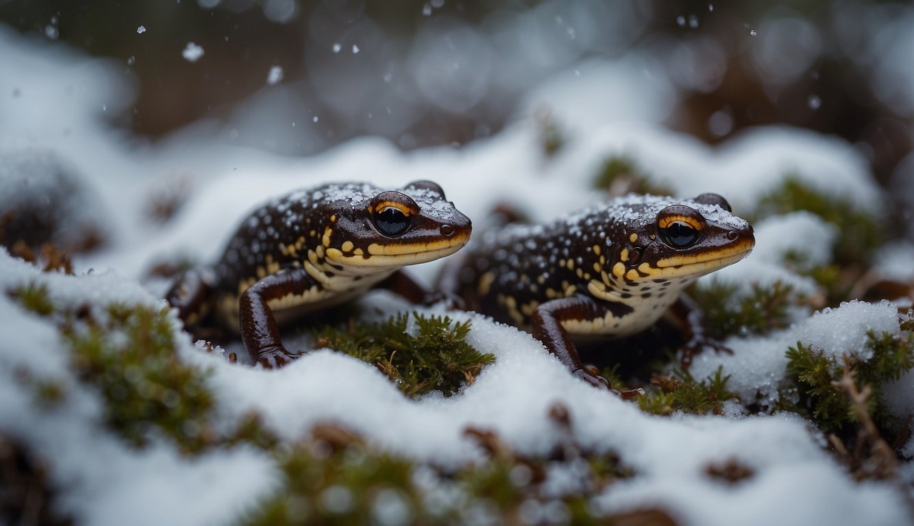 Woodland salamanders huddle under a blanket of snow, surviving the cold winter.

They emerge to forage for food, playing a vital role in the ecosystem