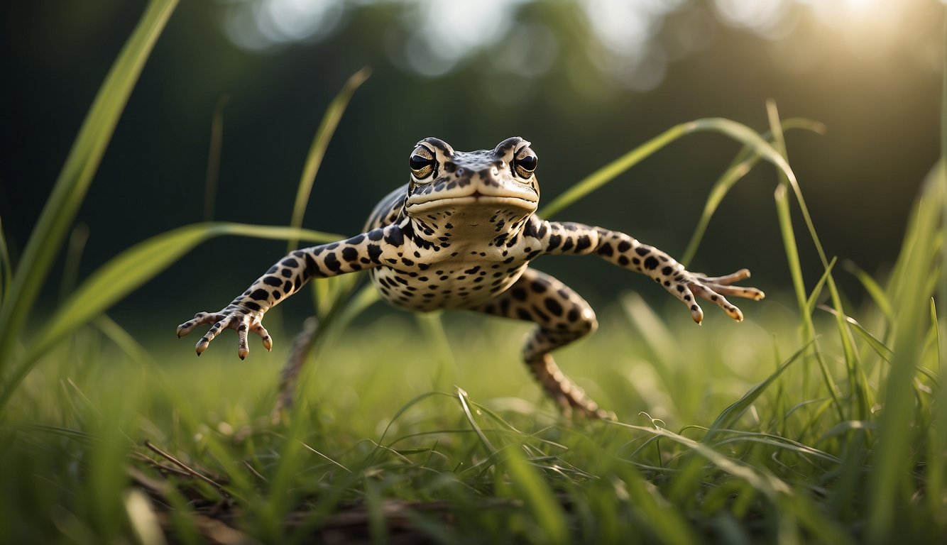 A leopard frog gracefully leaps and twirls among tall grass, resembling a ballet dancer in a lush meadow