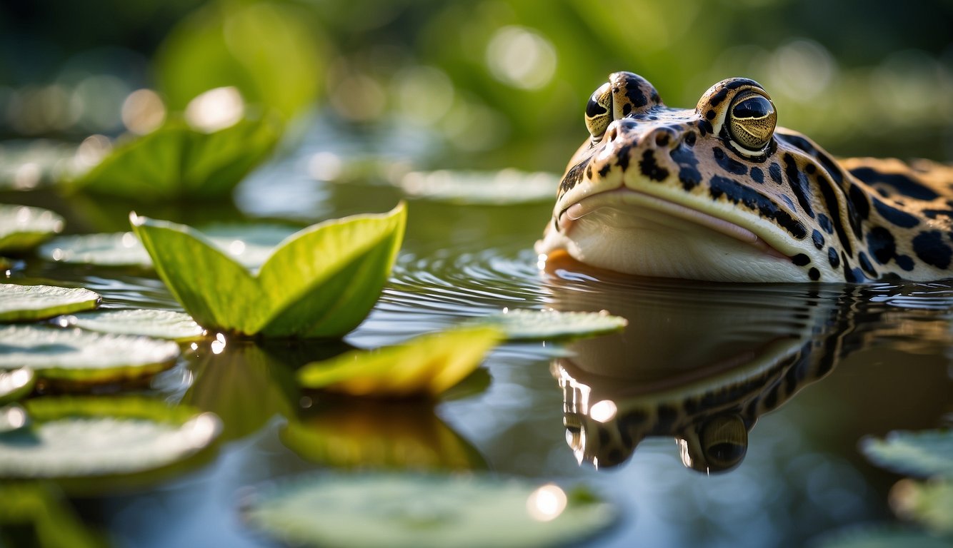 A serene pond surrounded by lush green grass, with colorful flowers and tall reeds.

The sunlight filters through the leaves, creating dappled patterns on the water's surface.

A leopard frog gracefully leaps from lily pad to lily pad, its