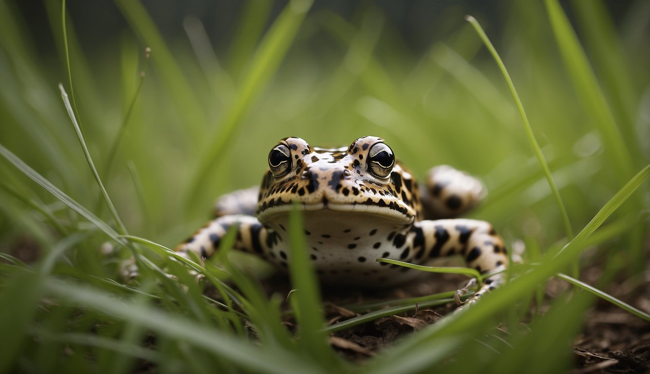 A leopard frog gracefully leaps and twirls among tall grass, its movements resembling a ballet performance