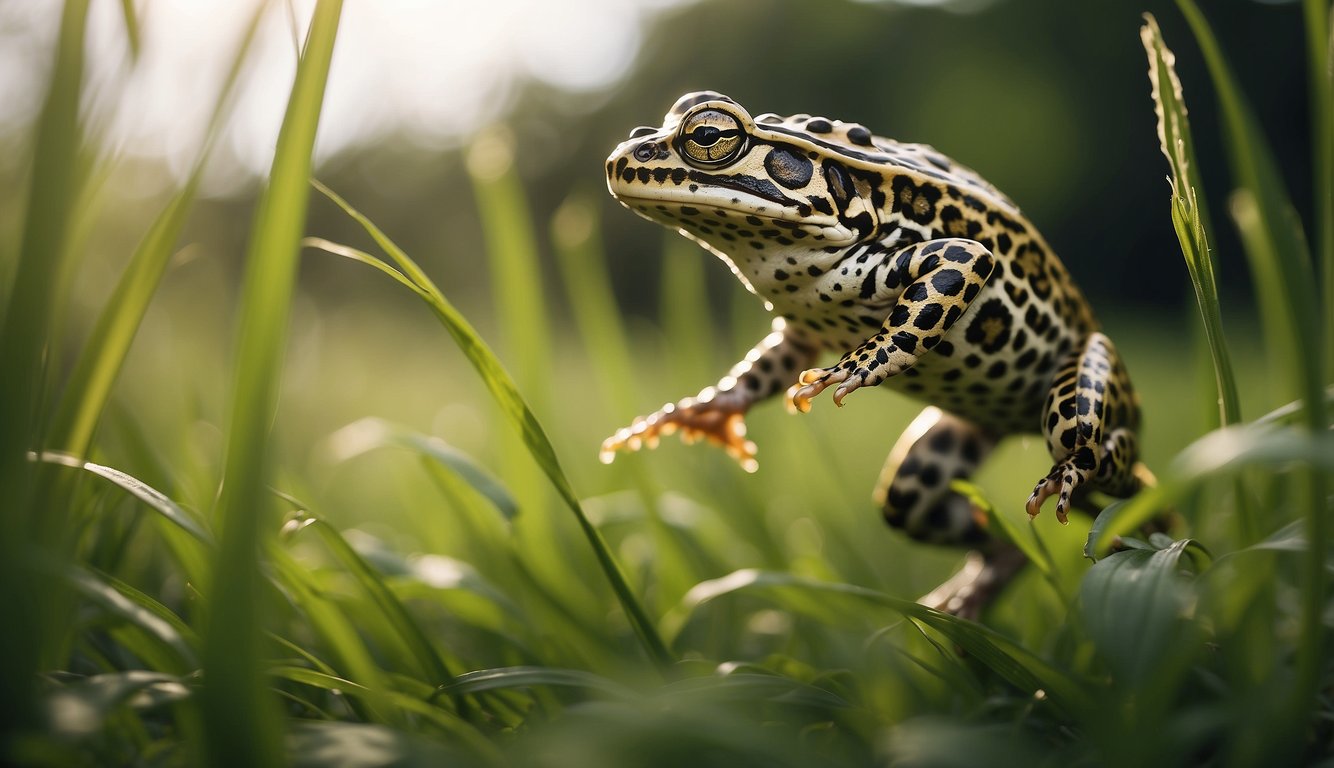 A leopard frog gracefully leaps and twirls amidst the tall grass, moving with fluidity and precision, creating a mesmerizing ballet in the natural setting