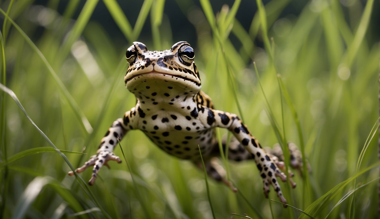 A leopard frog leaps gracefully through tall grass, its movements resembling a ballet dance