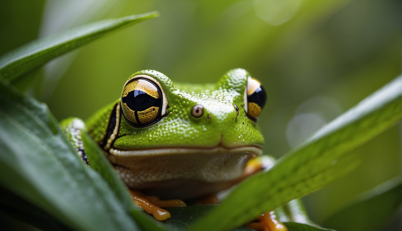 A vibrant tree frog blends into lush green foliage, its eyes peering out in a game of peekaboo with the viewer