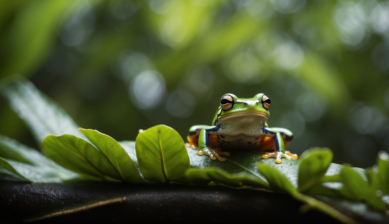 A lush, tropical rainforest with vibrant green foliage and a variety of trees.

A small, colorful tree frog perched on a leaf, blending in perfectly with its surroundings