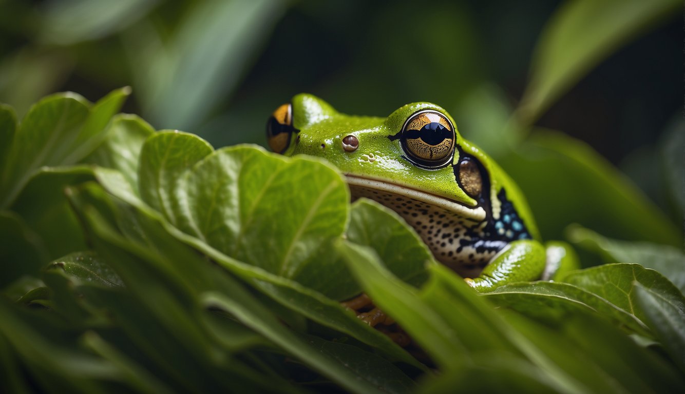 A vibrant tree frog blends into lush foliage, its bright eyes peering out in a game of peekaboo with the viewer