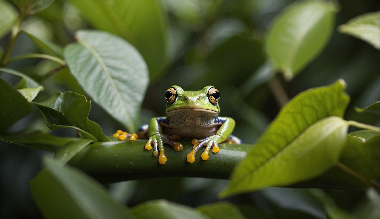 A vibrant tree frog camouflaged among leaves and branches, playing peekaboo with the viewer