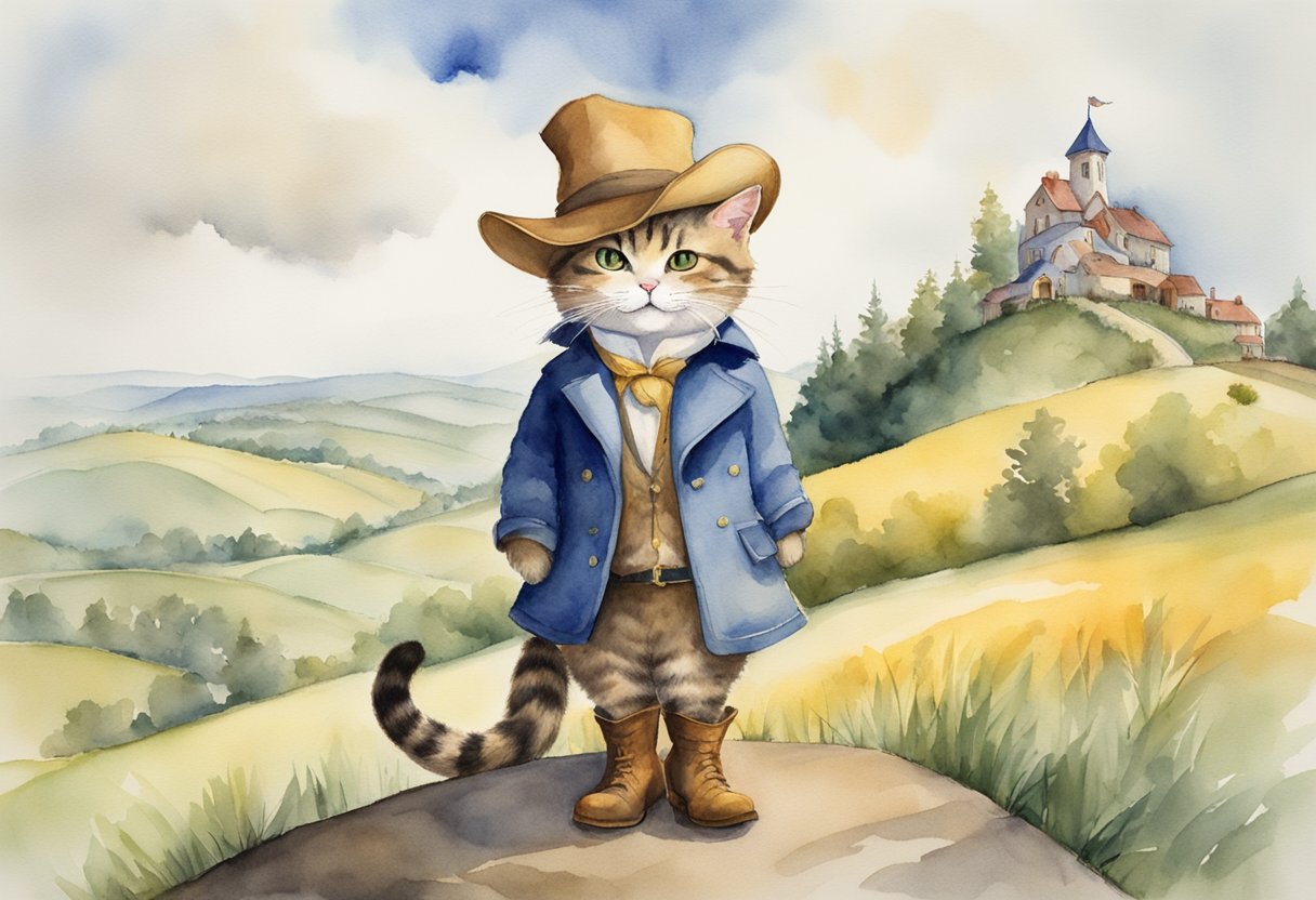 Puss in Boots stands proudly on a hill, wearing his iconic hat and boots, with a mischievous glint in his eye as he prepares to outsmart his next victim