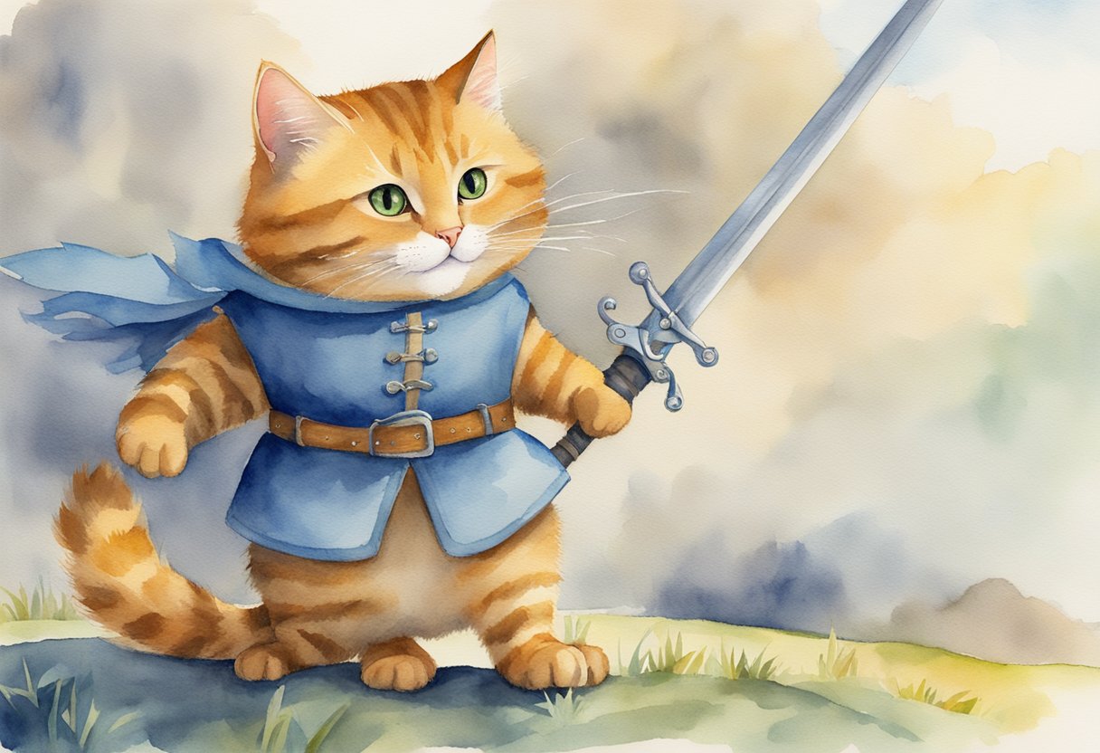 Puss in Boots bravely wields his sword, standing tall with a mischievous glint in his eyes. The wind ruffles his fur as he prepares for another daring escapade