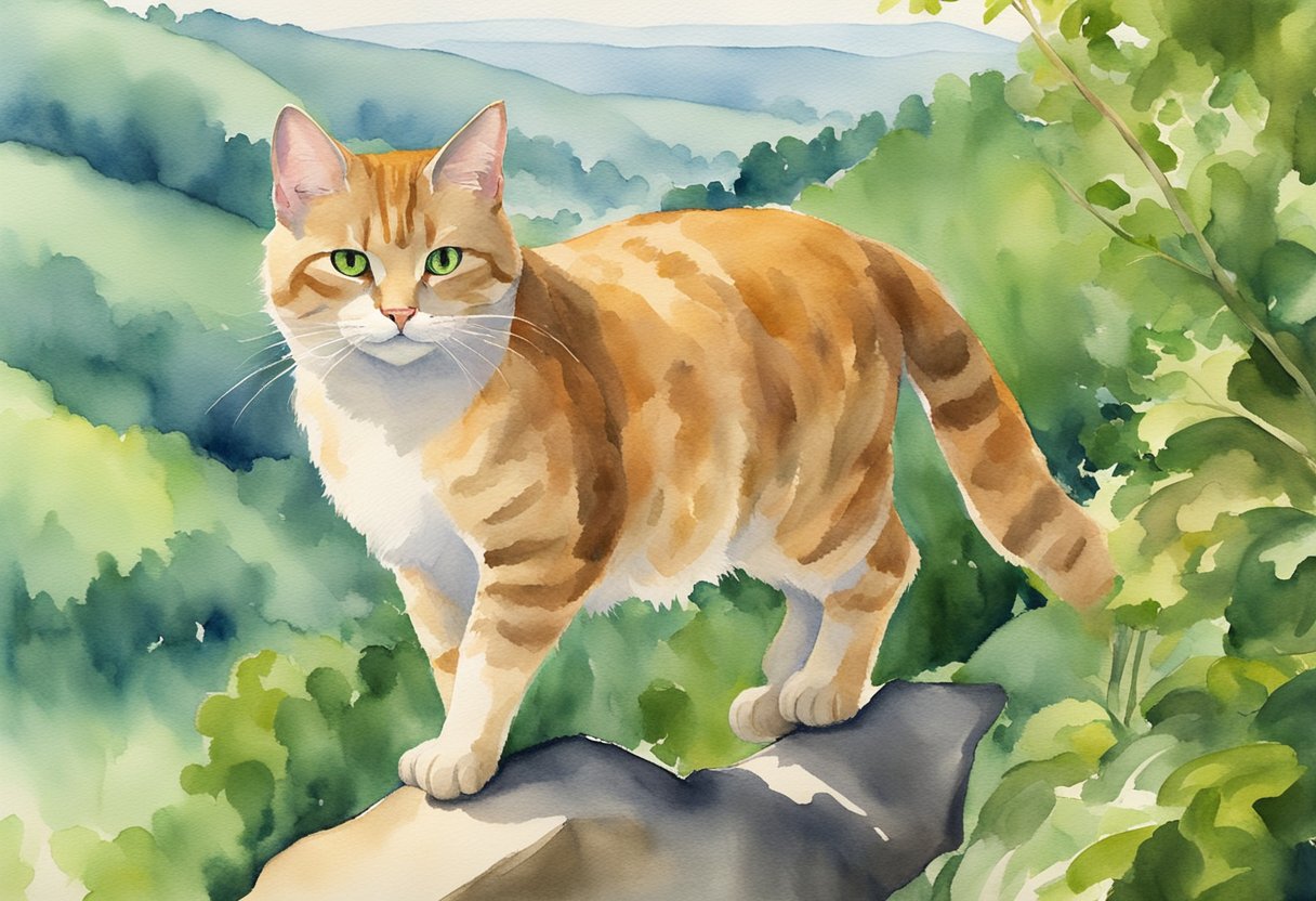 Puss in Boots stands proudly on a hill, surrounded by lush greenery. His confident gaze and swashbuckling pose exude bravery and cunning. The scene captures the essence of adventure and triumph