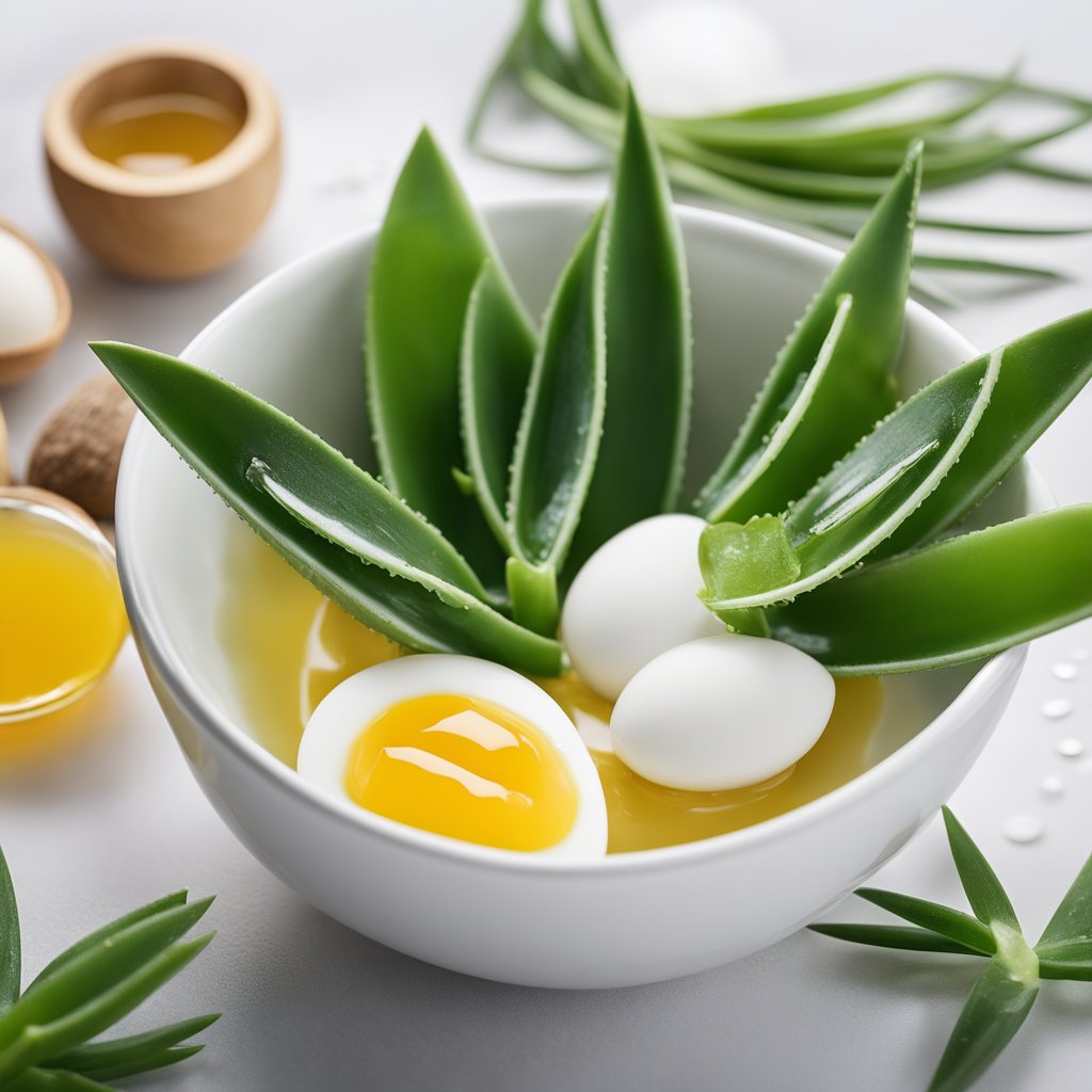A variety of natural ingredients like aloe vera, coconut oil, and egg can be seen being mixed together in a bowl to create a homemade hair thickening treatment