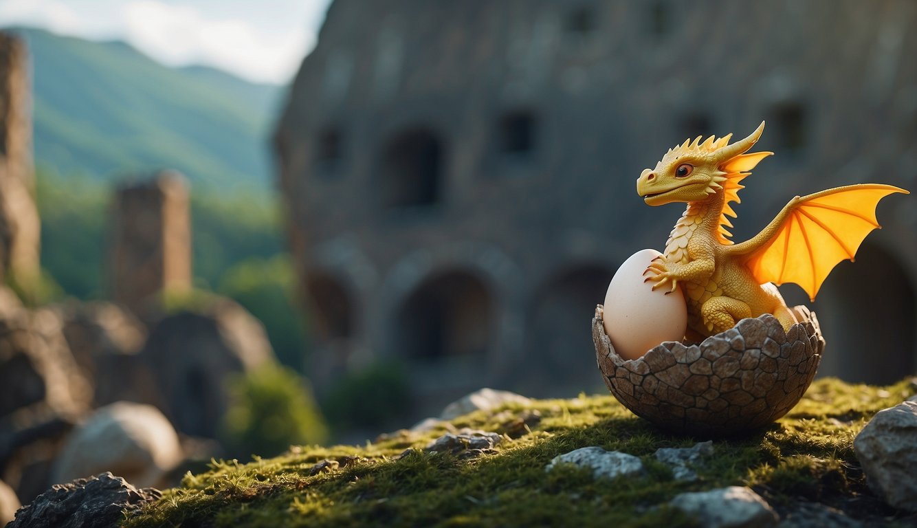 A baby dragon emerges from its egg, surrounded by ancient ruins.

It explores its environment, practicing flying and breathing fire