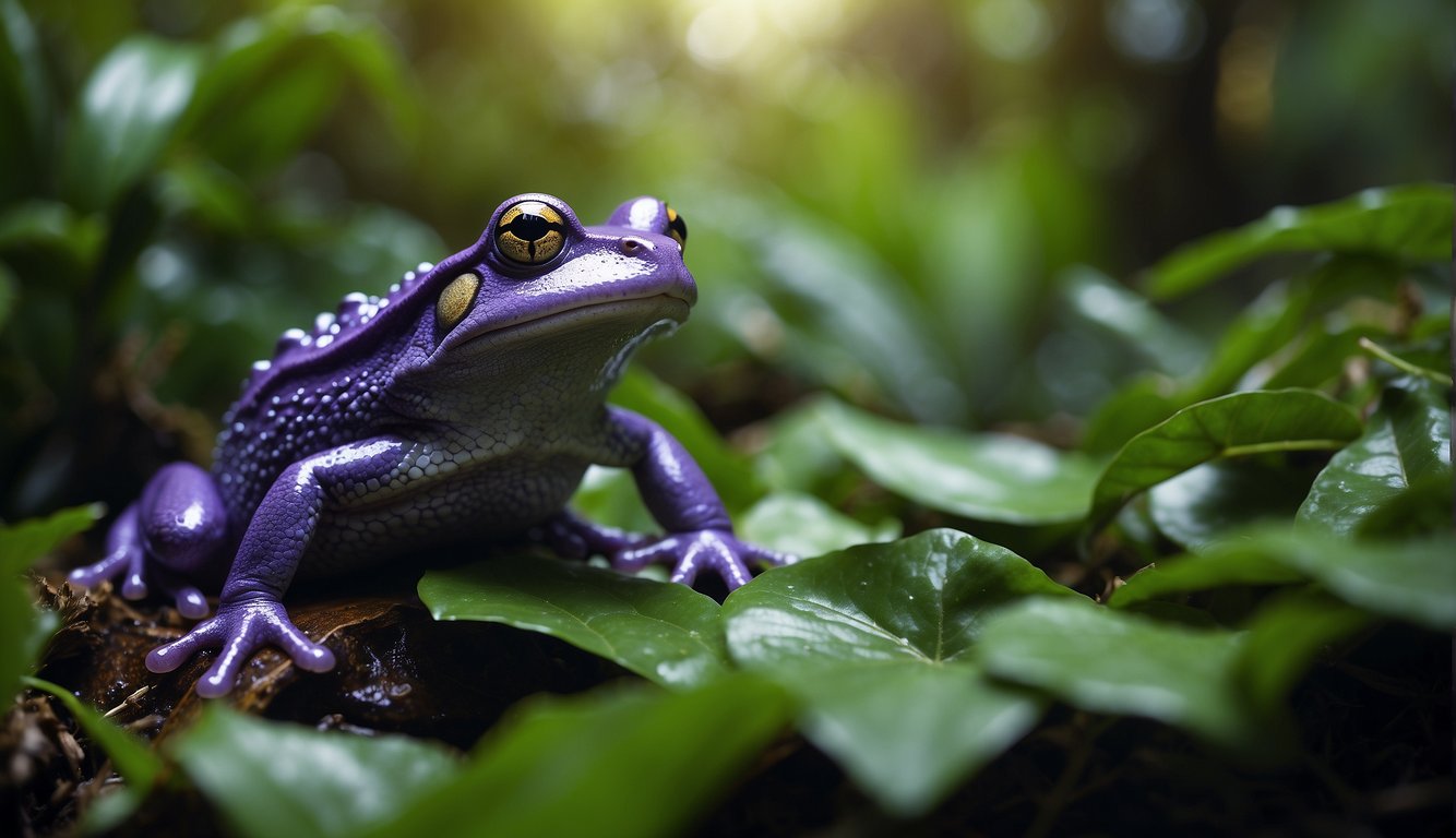 A lush green jungle with vibrant foliage and a bubbling stream.

A giant purple frog hides among the leaves, peeking out with curious eyes