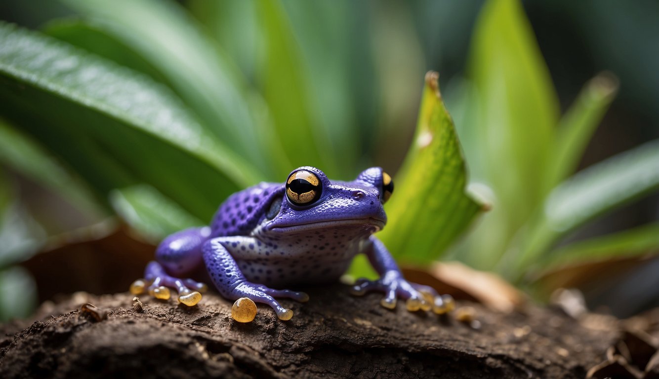A purple frog emerges from behind a leaf, revealing its vibrant color