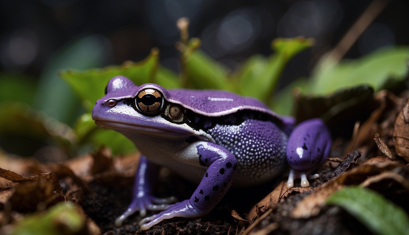 The Hidden Purple Frog camouflages in leaf litter, emerging at night to hunt insects