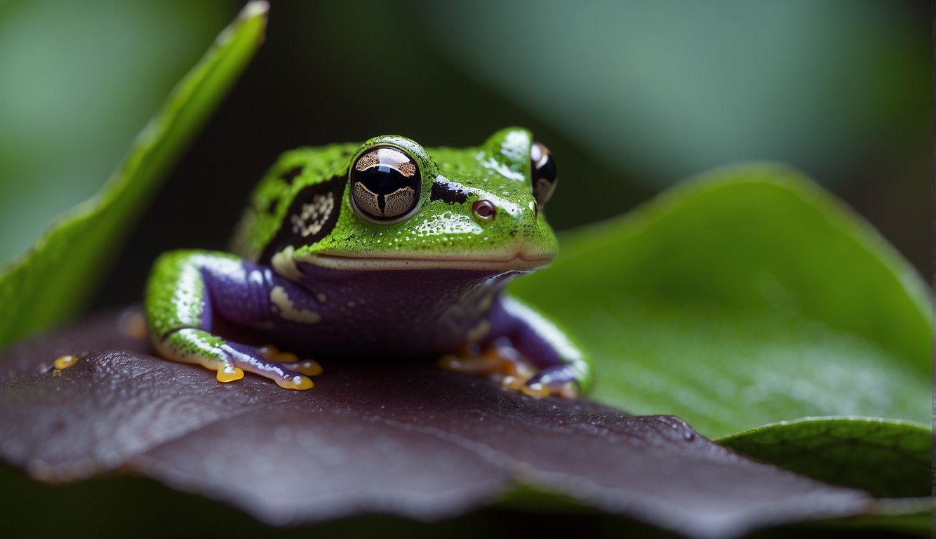 A hidden purple frog peeks out from behind a vibrant green leaf, its bright eyes and bumpy skin adding to its mysterious allure