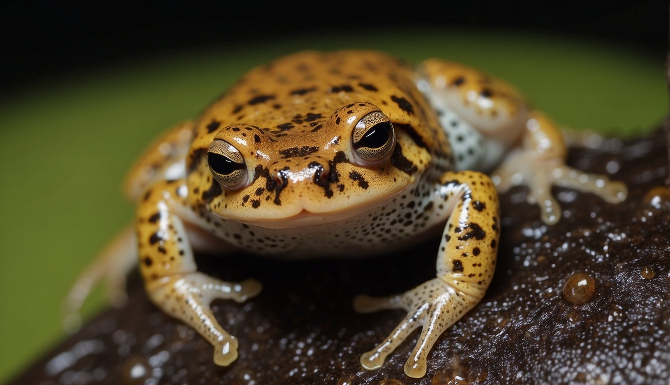 The Surinam Toad lies on its back, eggs embedded in its skin.

Tiny tadpoles emerge from the mother's back, a unique birthing process