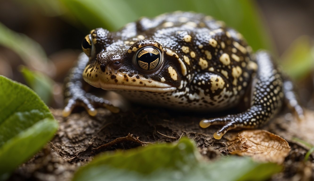 The Surinam Toad lays eggs on its back, then the skin grows over them, creating a bumpy, camouflaged surface.

Eventually, tiny toadlets emerge from the mother's back