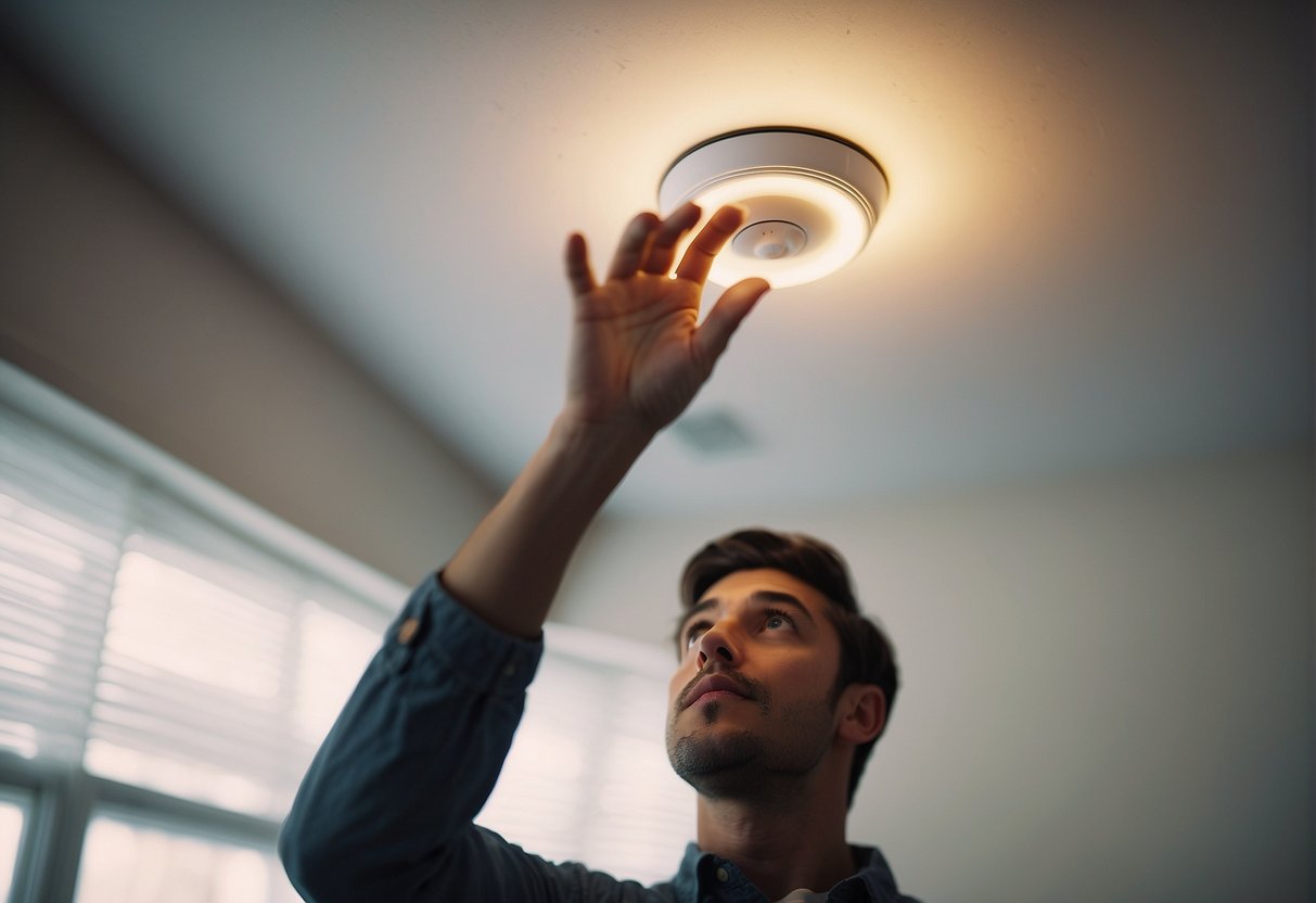 A hand reaches up to a smoke detector on the ceiling, removing the battery to stop the chirping