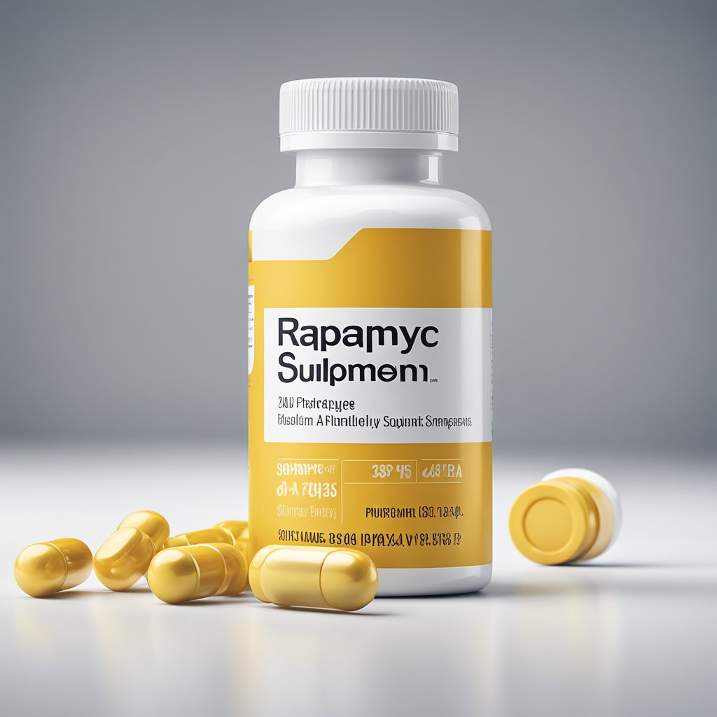 A bottle of rapamycin supplement sits on a clean, white surface with a few pills spilling out next to it. The label is clear and easy to read, and the pills are a pale yellow color