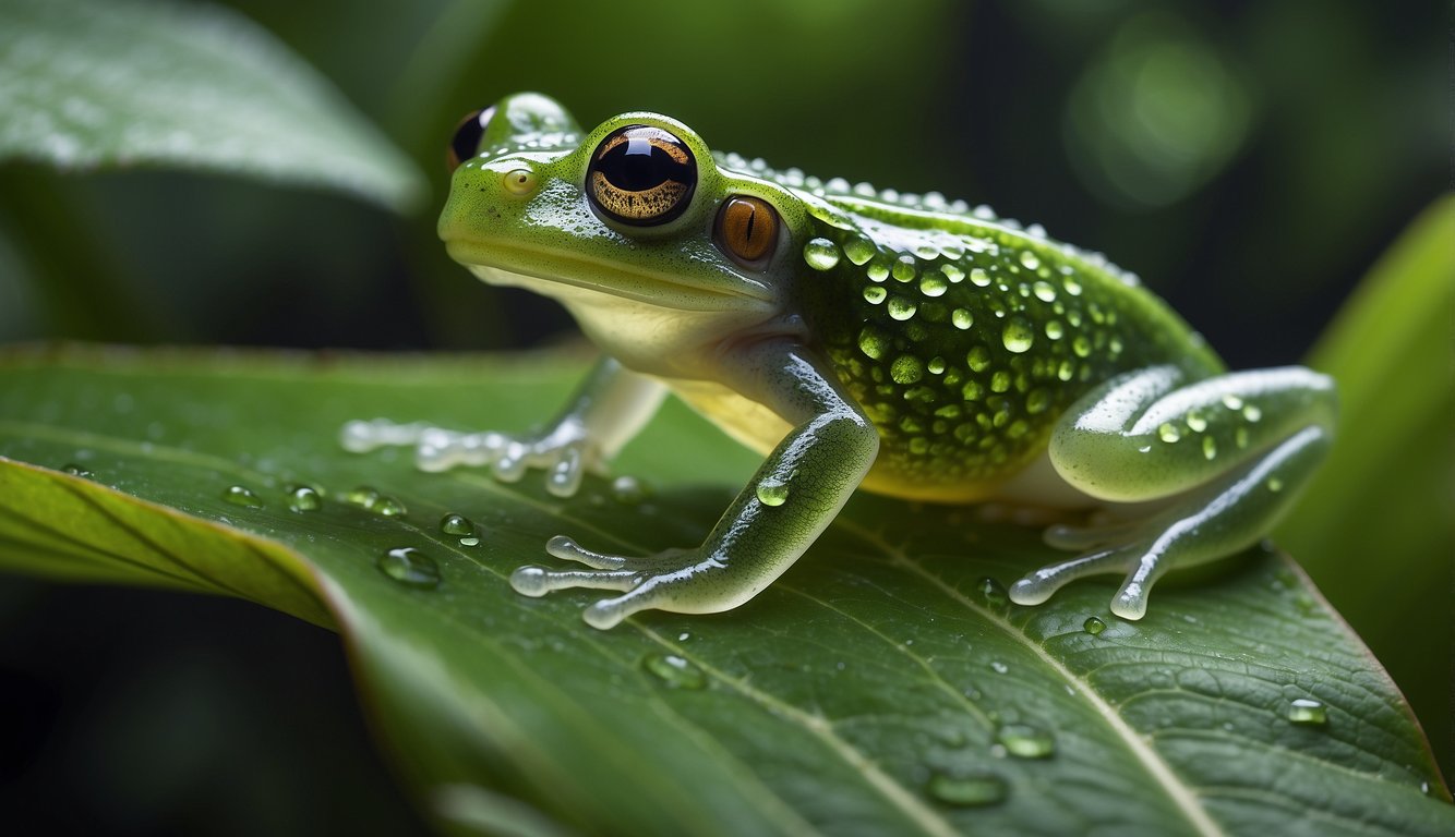 A glass frog perches on a leaf, its translucent skin revealing internal organs.

The vibrant green frog contrasts with the lush jungle background