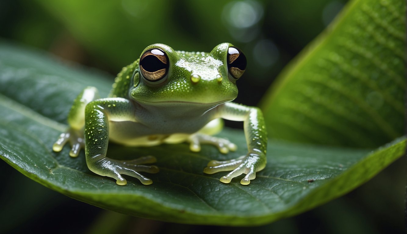 A glass frog clings to a leaf, its transparent skin revealing internal organs and vibrant green bones.

The lush jungle background adds to the mystique