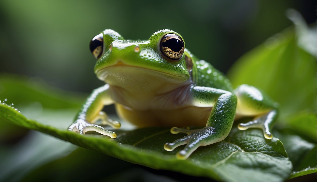 A glass frog perches on a leaf, its transparent skin revealing internal organs.

The vibrant green frog contrasts with the lush jungle background