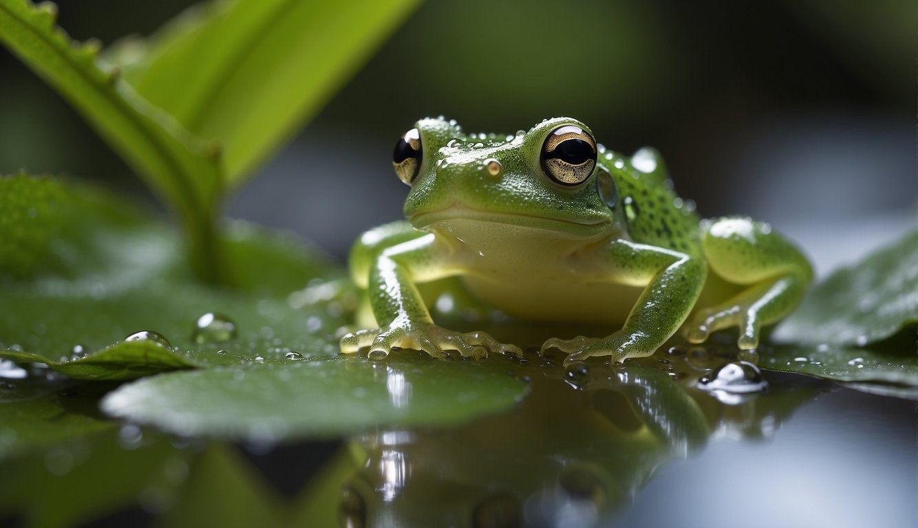 A glass frog perched on a leaf, its translucent skin revealing internal organs.

Surrounding foliage and water droplets glisten in the soft light