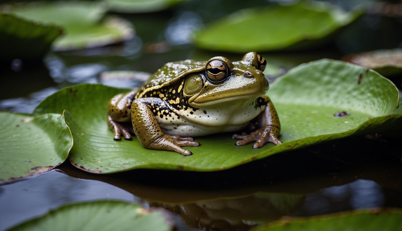 A giant Goliath frog rests on a lush green lily pad in the heart of a tropical rainforest, surrounded by vibrant flora and other exotic wildlife