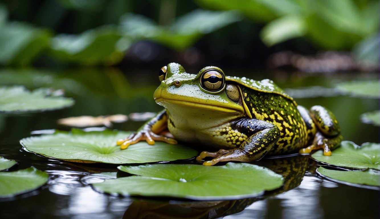 A Goliath frog perched on a large lily pad in a lush, tropical rainforest, with its vibrant green and yellow skin contrasting against the vibrant foliage and the shimmering surface of a nearby pond