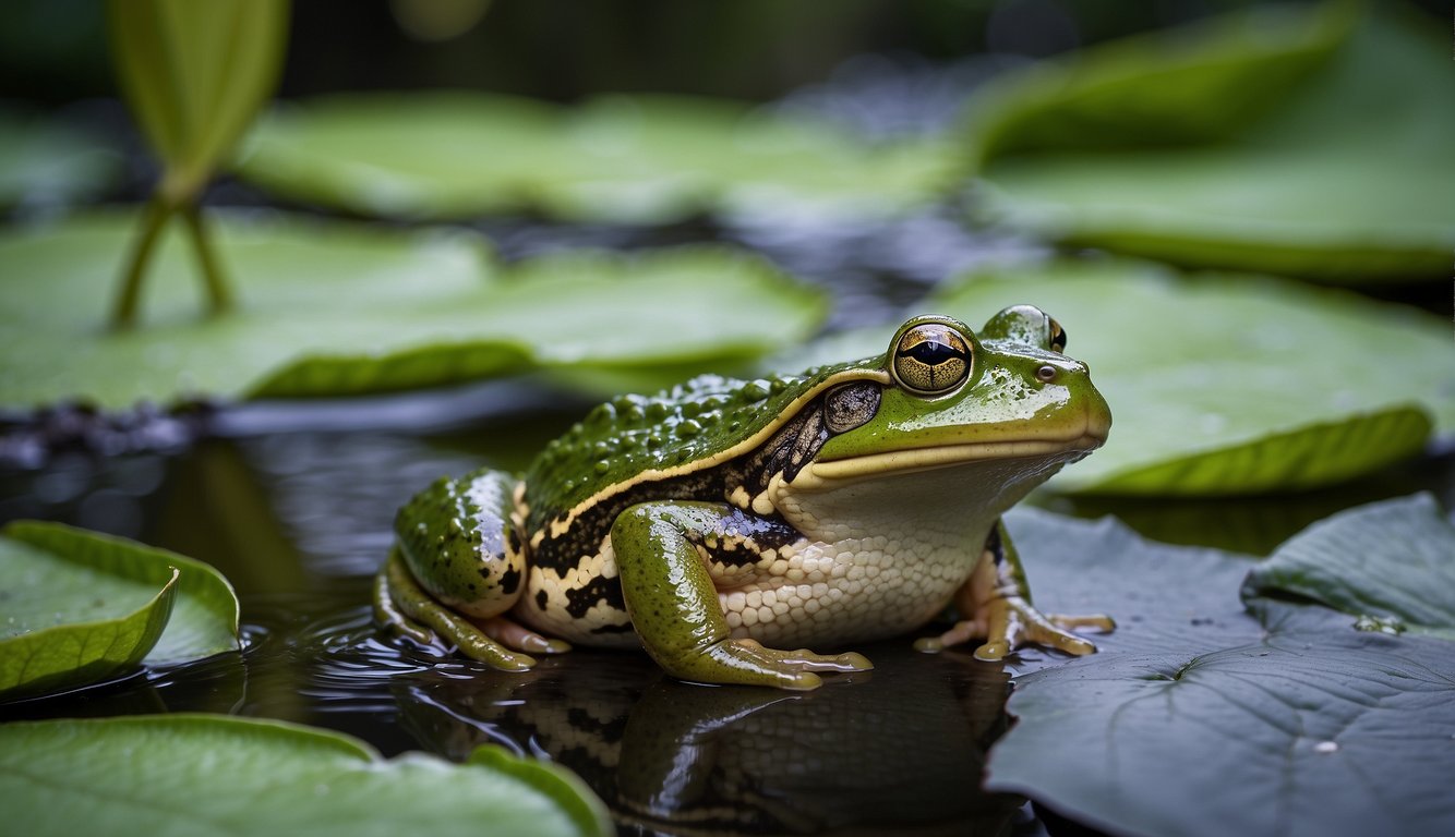 The Goliath frog perches on a lush green lily pad, surrounded by tropical foliage and a bubbling stream.

Its vibrant colors and massive size make it a majestic sight in its natural habitat