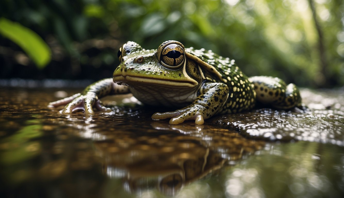 A massive Goliath frog leaps from a lush, tropical riverbank, its vibrant green body contrasting with the rich, earthy tones of the surrounding foliage