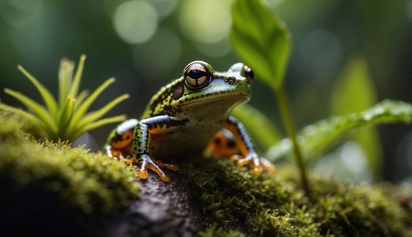 In a lush rainforest, tiny frogs leap among vibrant leaves and moss-covered rocks, showcasing the vibrant colors and delicate features of the Paedophryne Amauensis