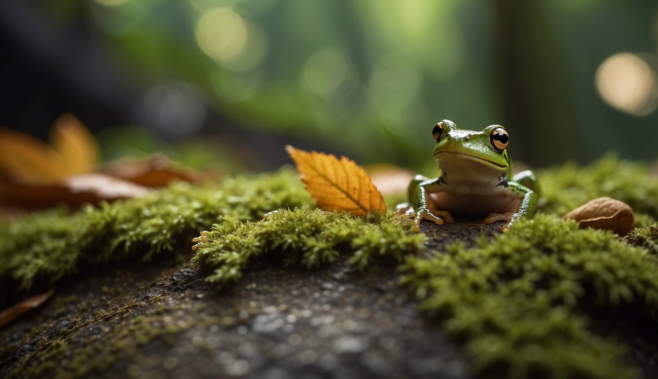 A tiny frog hops among fallen leaves in a lush rainforest.

It perches on a moss-covered rock, its minuscule body blending seamlessly with the environment
