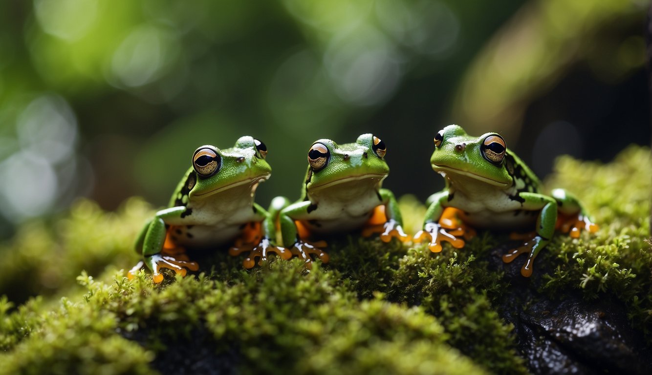 A group of tiny frogs leap among mossy rocks in a dense jungle, their vibrant colors contrasting against the lush greenery