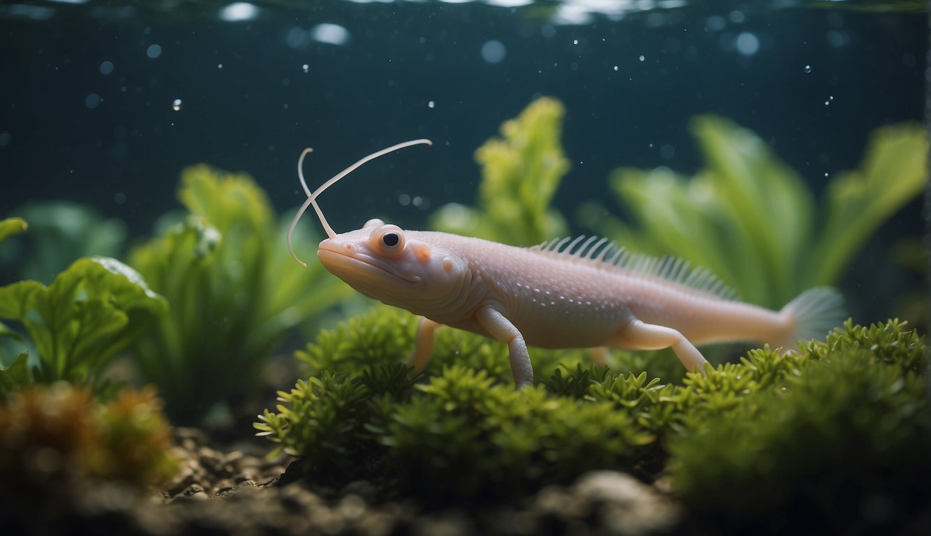 An axolotl glides through aquatic plants, its gills fluttering as it moves gracefully through the water.

Its unique features and vibrant colors make it a captivating subject for illustration