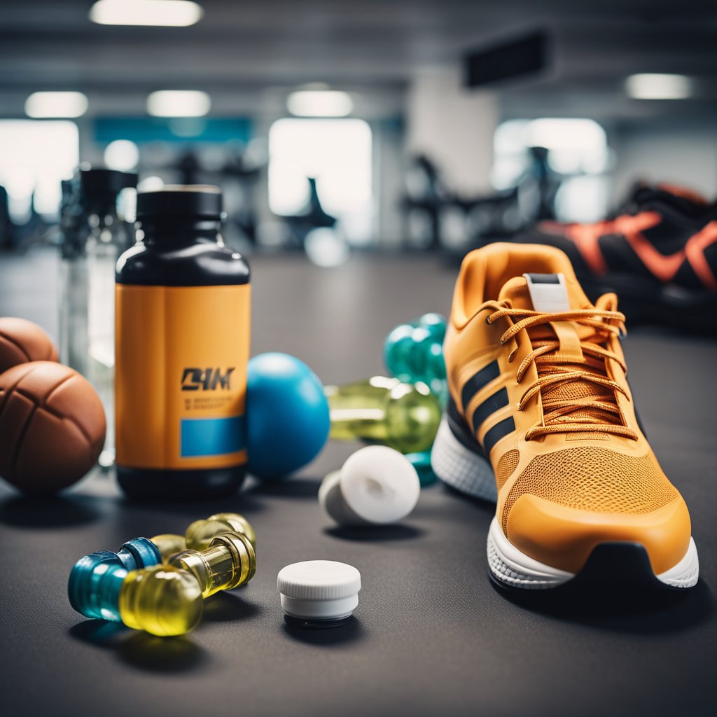 A bottle of cardio supplements surrounded by running shoes and a stopwatch on a gym floor